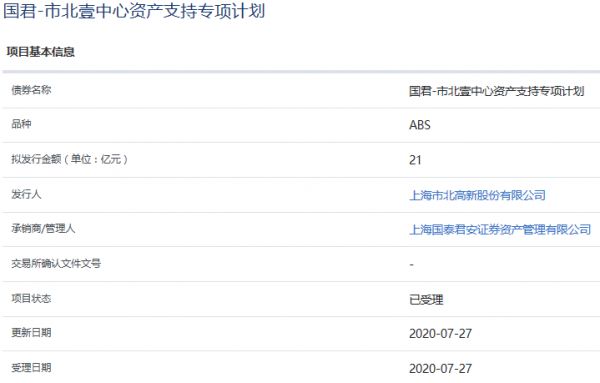 市北高新：21亿元市北壹中心资产支持专项计划获上交所受理-中国网地产