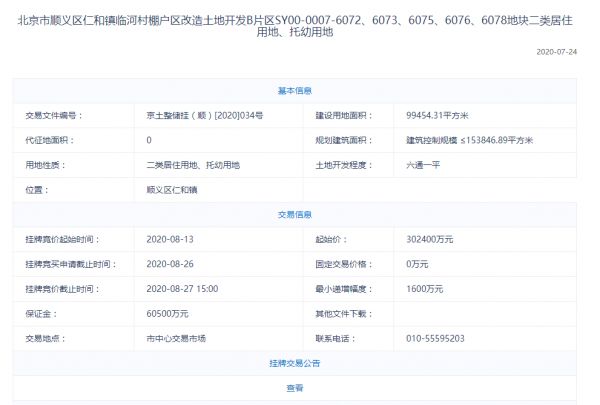 总揽金88.12亿元 北京顺义三宗不限价地块出让