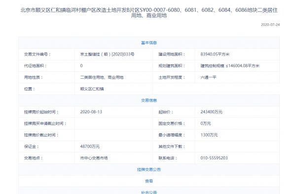 总揽金88.12亿元 北京顺义三宗不限价地块出让