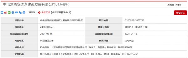 中国电建拟2430万元转让西安莲湖建设81%股权-中国网地产