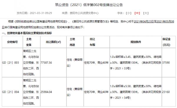 总面积逾10万方！贵阳南明区二戈寨东站旁两宗地块出让-中国网地产