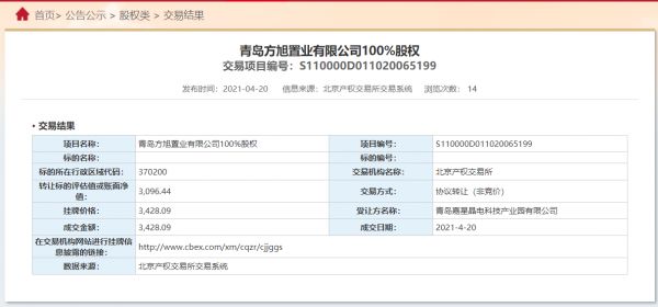 青岛嘉星晶电科技3428.09万元受让青岛方旭置业100%股权-中国网地产