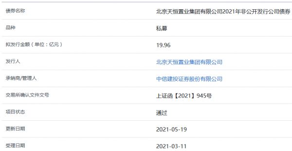 天恒置业19.96亿元私募公司债券获上交所通过-中国网地产