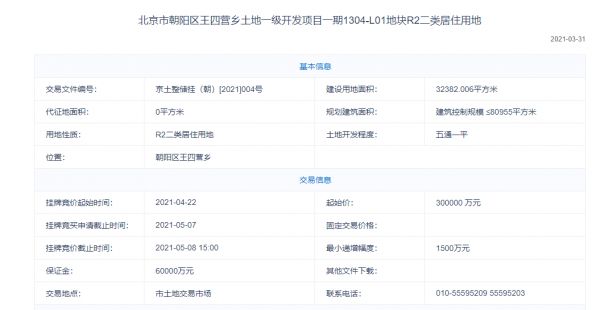 31.5亿触及上限！朝阳区王四营01地块转入高标准商品住宅建设方案投报程序