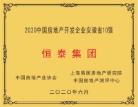 恒泰集团荣获“2020中国房地产开发安徽省10强第1位”